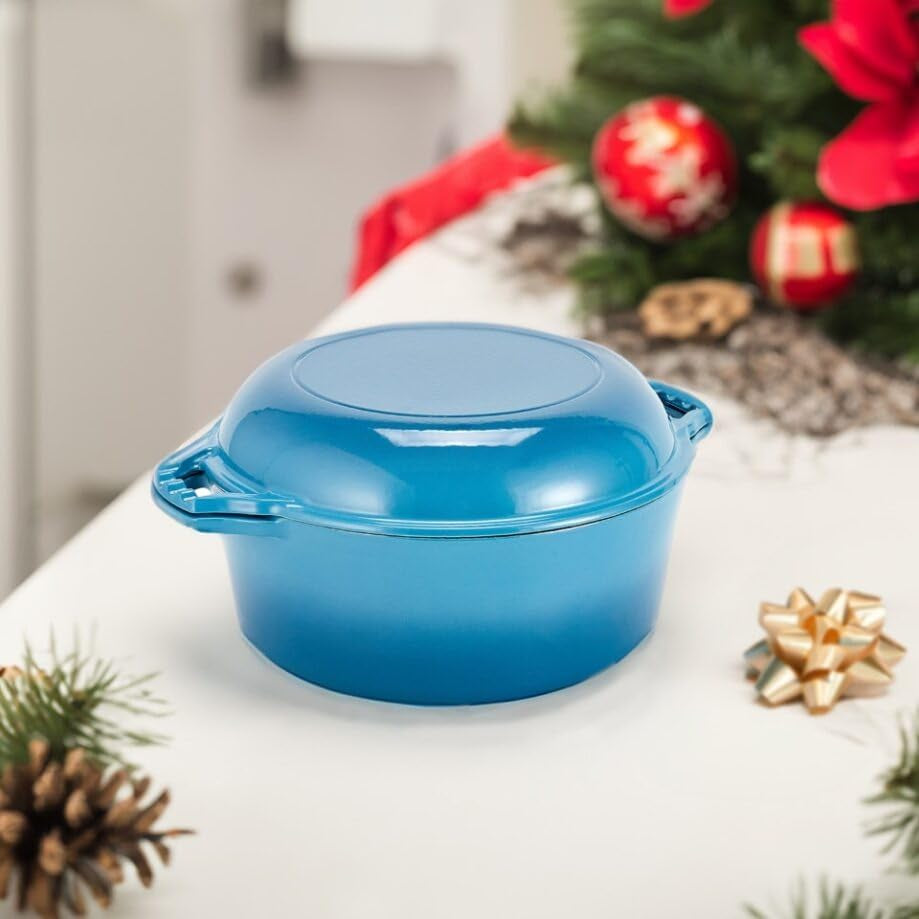 2-In-1 Enamel Cast Iron Dutch Oven with Handles - Crock Pot Blue Cast Iron Pot with Skillet Lid - All-In-One Cookware Braising Pan for Casserole Dish - 7 Quart, Blue