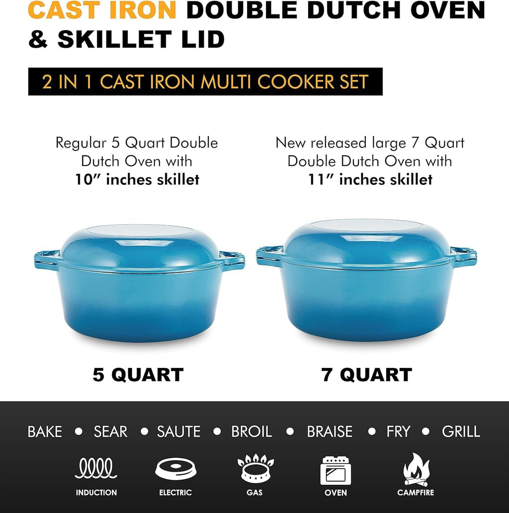 2-In-1 Enamel Cast Iron Dutch Oven with Handles - Crock Pot Blue Cast Iron Pot with Skillet Lid - All-In-One Cookware Braising Pan for Casserole Dish - 7 Quart, Blue