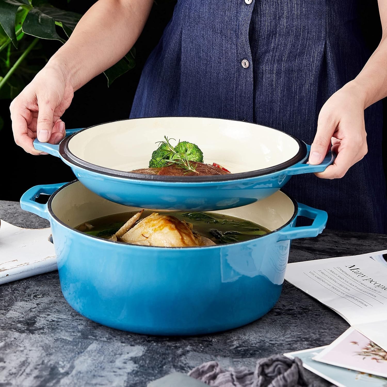 2-In-1 Enamel Cast Iron Dutch Oven with Handles - Crock Pot Blue Cast Iron Pot with Skillet Lid - All-In-One Cookware Braising Pan for Casserole Dish - 7 Quart, Blue