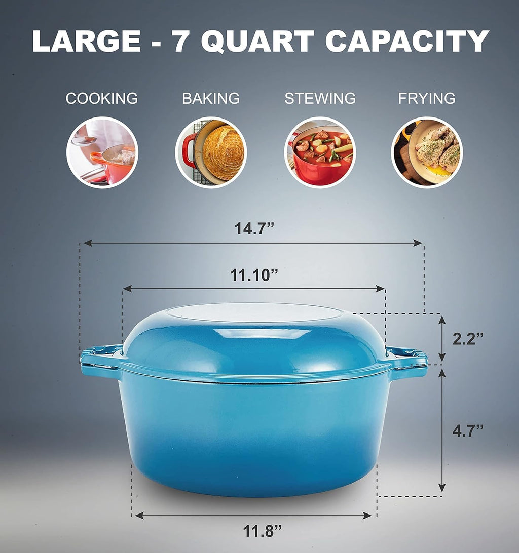 2-In-1 Enamel Cast Iron Dutch Oven with Handles - Crock Pot Blue Cast Iron Pot with Skillet Lid - All-In-One Cookware Braising Pan for Casserole Dish - 7 Quart, Blue