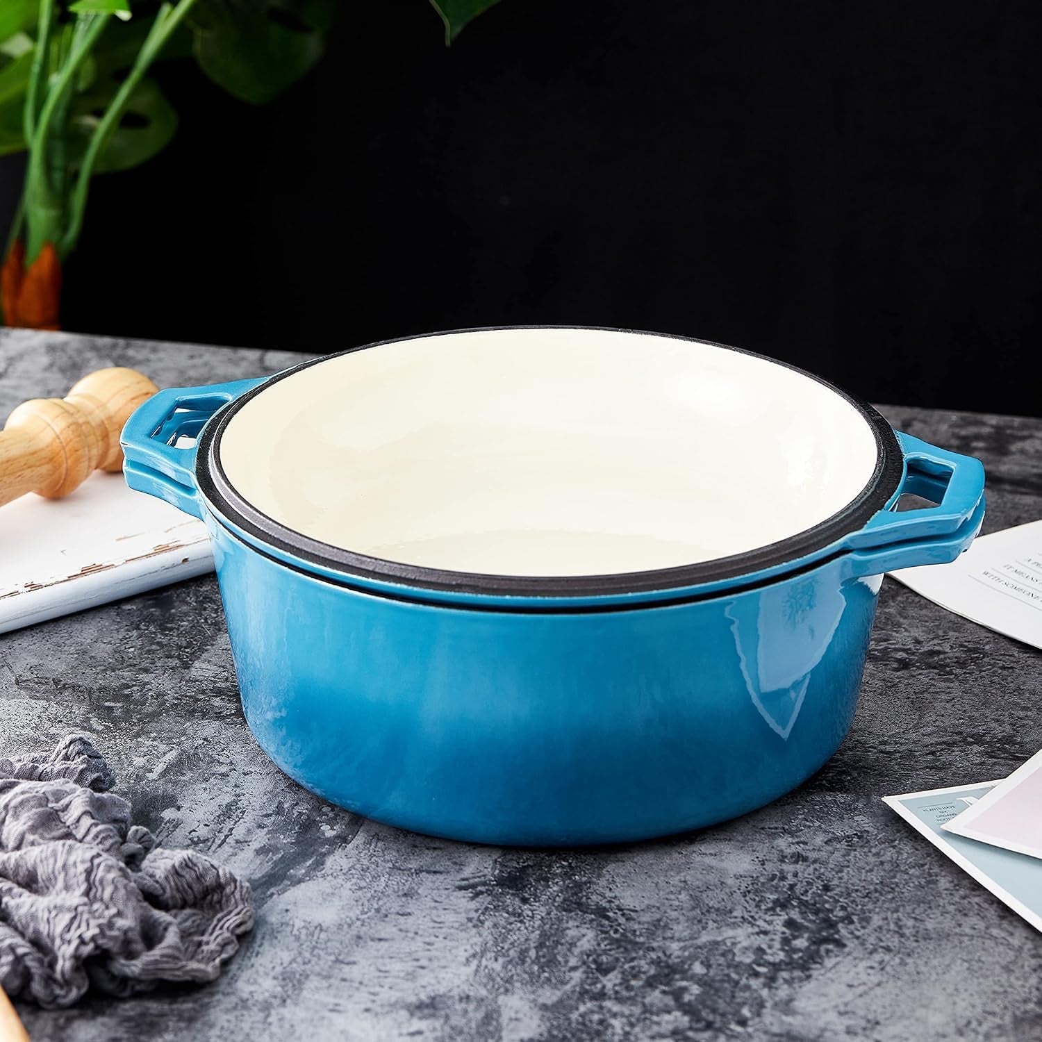 2-In-1 Enamel Cast Iron Dutch Oven with Handles - Crock Pot Blue Cast Iron Pot with Skillet Lid - All-In-One Cookware Braising Pan for Casserole Dish - 7 Quart, Blue