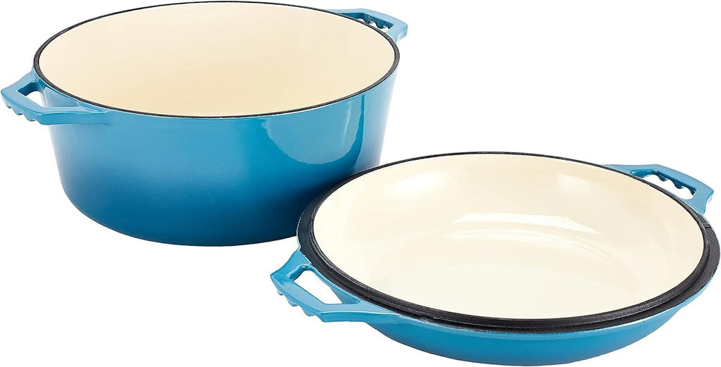 2-In-1 Enamel Cast Iron Dutch Oven with Handles - Crock Pot Blue Cast Iron Pot with Skillet Lid - All-In-One Cookware Braising Pan for Casserole Dish - 7 Quart, Blue