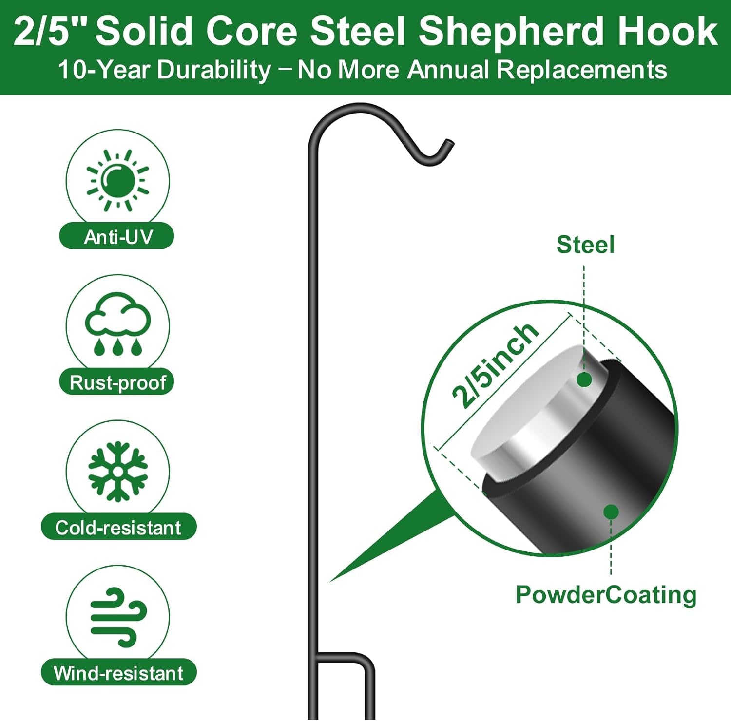 8 Pack Shepherd Hook 37 Inch One Piece Structure No Assembly Required 2/5 Inch Solid Metal Heavy Duty Shepards Hooks Garden for Outdoor Hanging Plants Hanger Lantern Wedding Black
